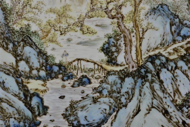 民国 汪野亭粉彩「深山探梅」插屏 - 图4
