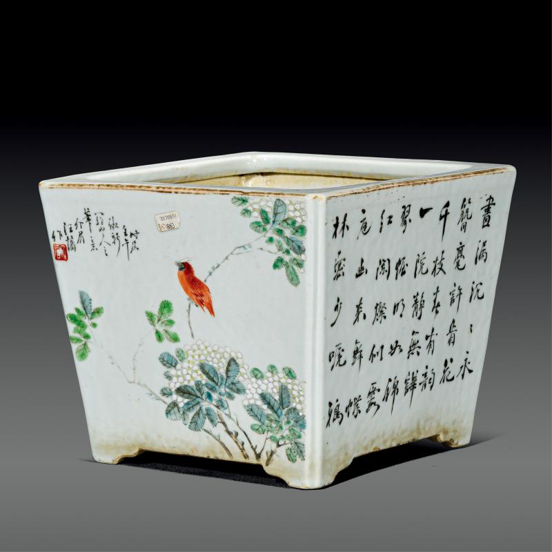 清光绪 汪藩浅绛彩山水花鸟四方花盆
