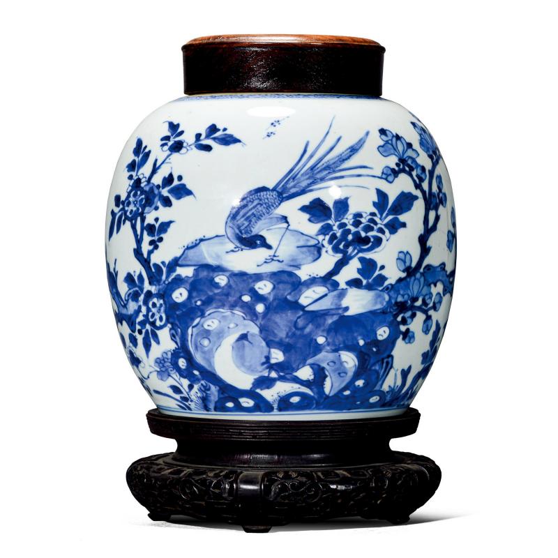 清康熙 青花雉鸡牡丹纹罐