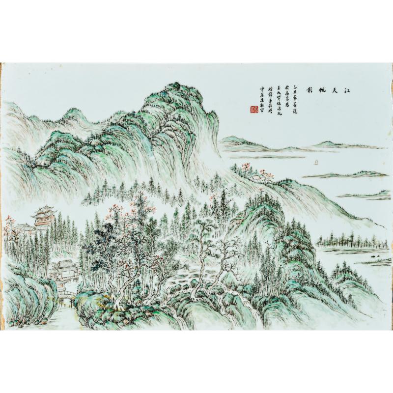 民国 陈松粉彩「江天帆影」瓷板