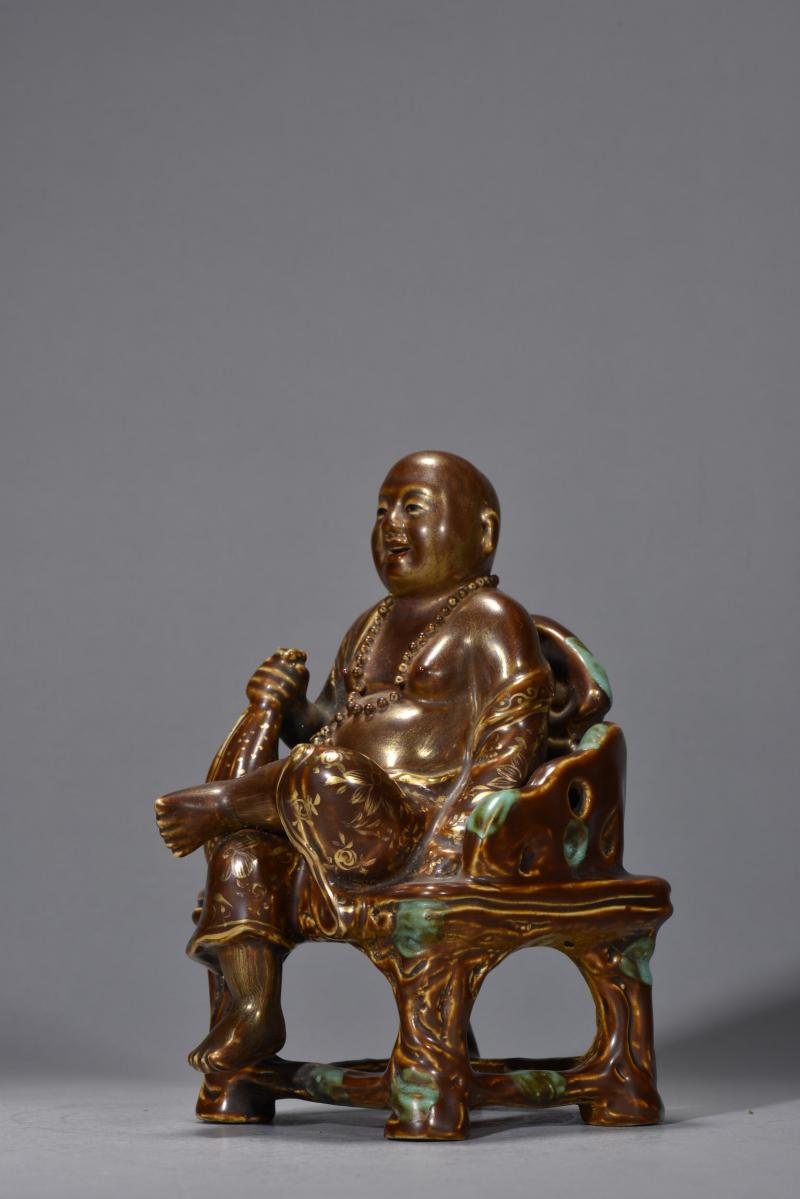 清中期 紫金釉描金布袋罗汉坐像 - 图6
