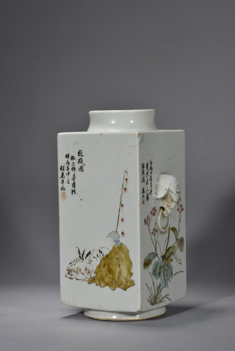 清光绪 程南山浅绛彩山水花鸟琮式瓶 - 图3