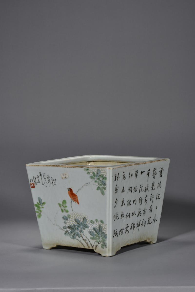 清光绪 汪藩浅绛彩山水花鸟四方花盆 - 图2