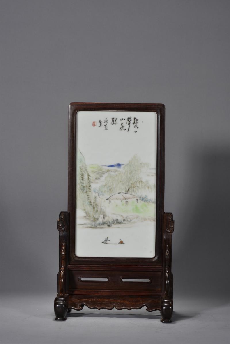 清光绪 程言浅绛彩山水瓷板 - 图2