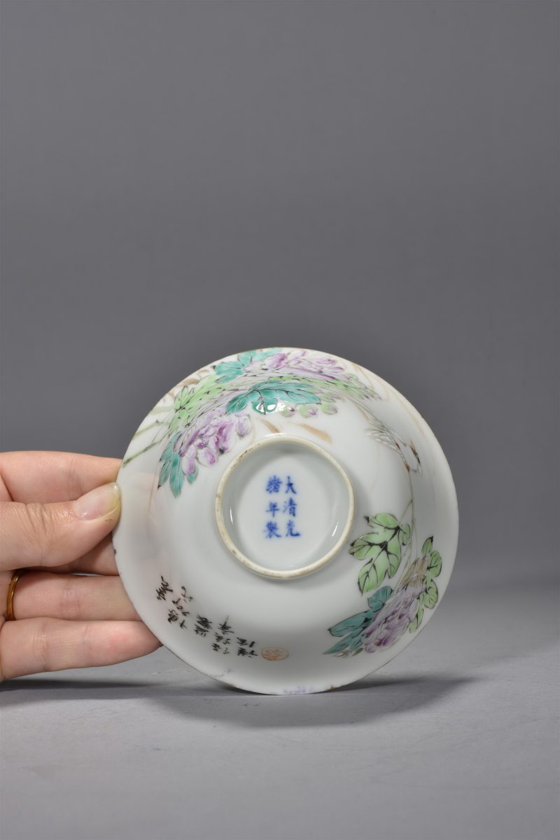 清光绪 任焕章浅绛彩花鸟盖碗 - 图4