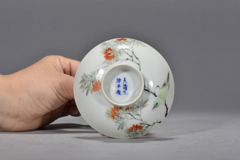 清光绪 任焕章浅绛彩花鸟盖碗 - 图5