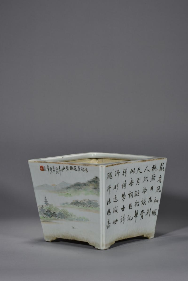 清光绪 汪藩浅绛彩山水花鸟四方花盆 - 图4