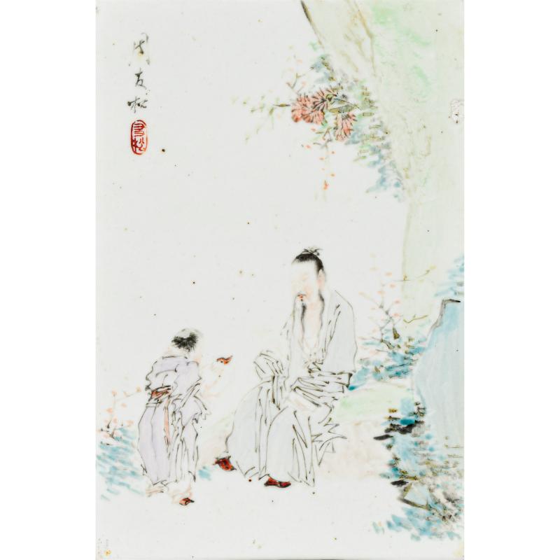 清光绪 周友松浅绛彩人物砚屏