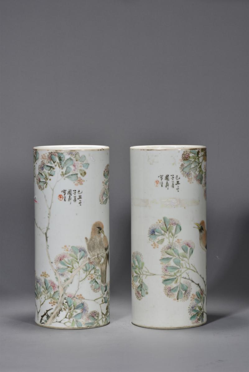 清光绪 周子善浅绛彩花鸟帽筒一对 - 图3