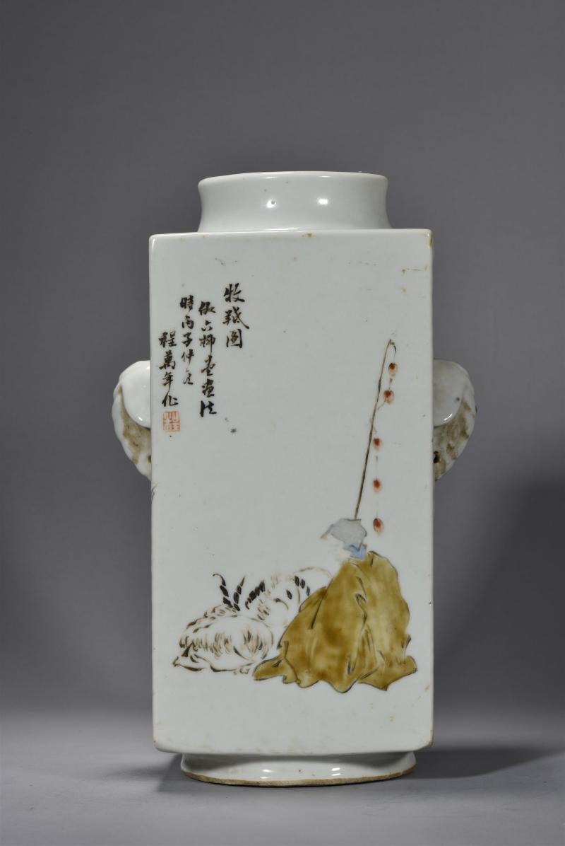 清光绪 程南山浅绛彩山水花鸟琮式瓶 - 图6