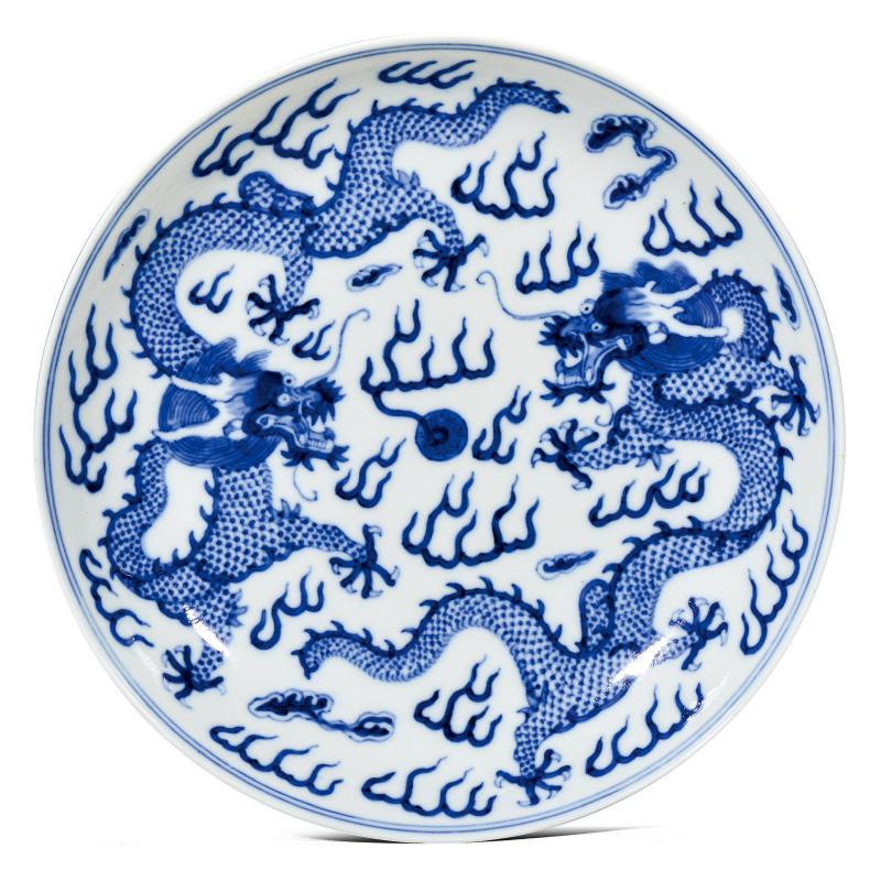 清光绪 青花双龙纹盘