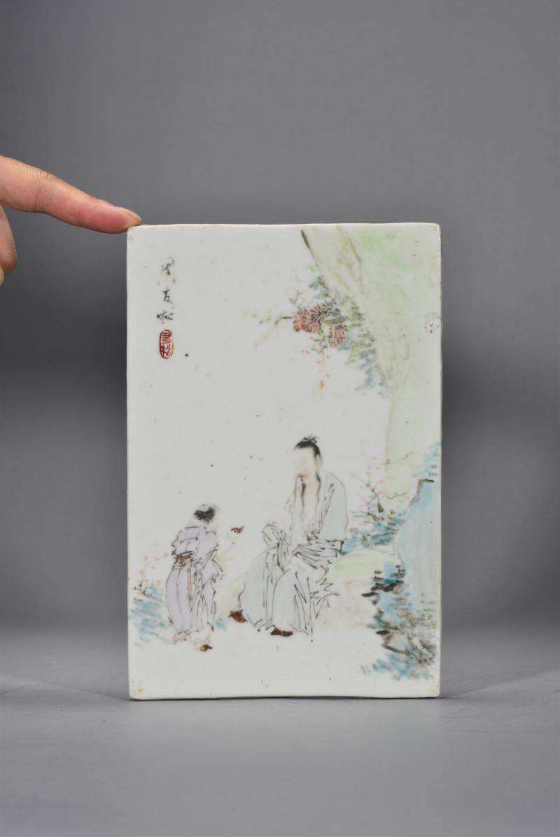 清光绪 周友松浅绛彩人物砚屏 - 图2