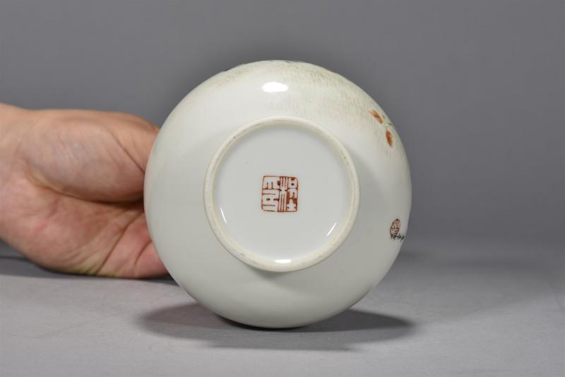 民国 程意亭粉彩菊雀纹洗口瓶 - 图7