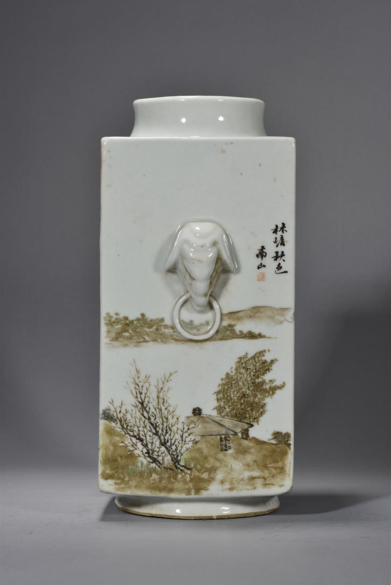 清光绪 程南山浅绛彩山水花鸟琮式瓶 - 图7
