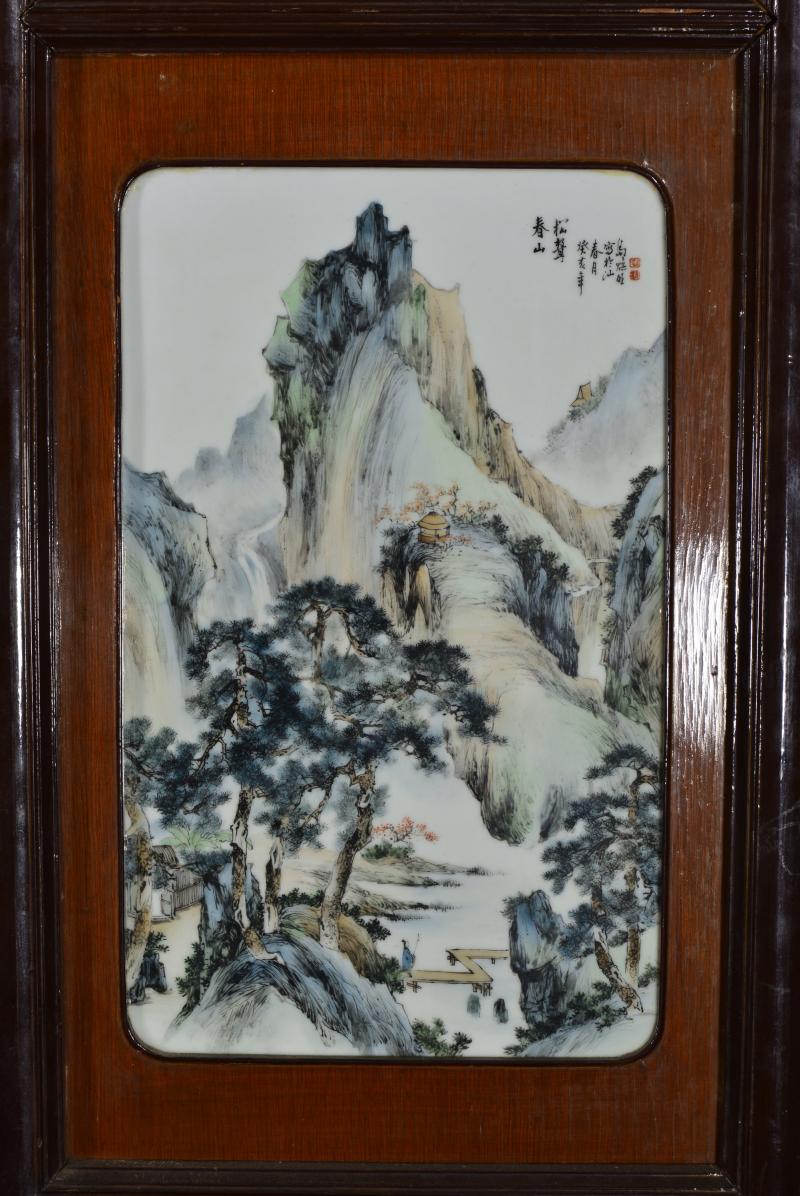 近现代 魏焕明、余少良合作双面粉彩山水人物八联落地大屏风 - 图38