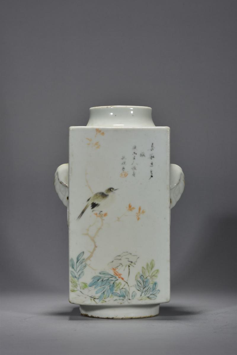 清光绪 胡孔规山水花鸟琮式瓶 - 图8