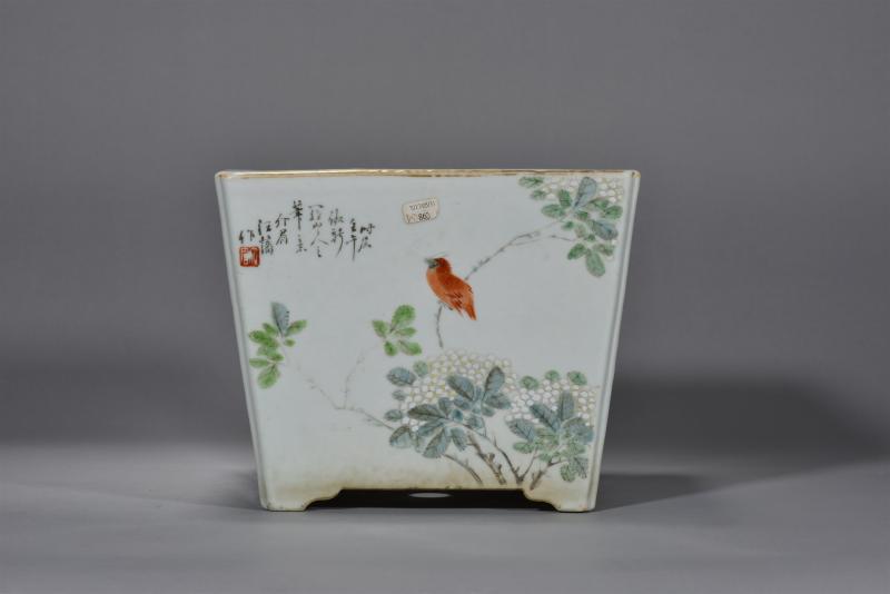 清光绪 汪藩浅绛彩山水花鸟四方花盆 - 图6