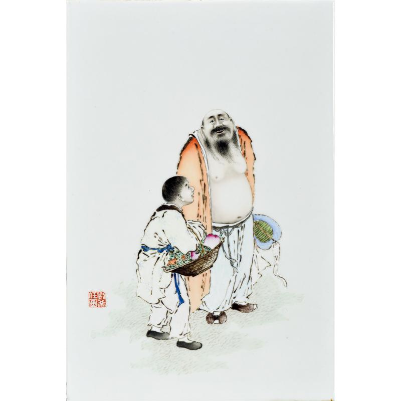 民国 刘希任粉彩献寿图瓷板