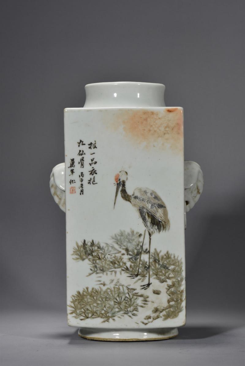 清光绪 程南山浅绛彩山水花鸟琮式瓶 - 图8