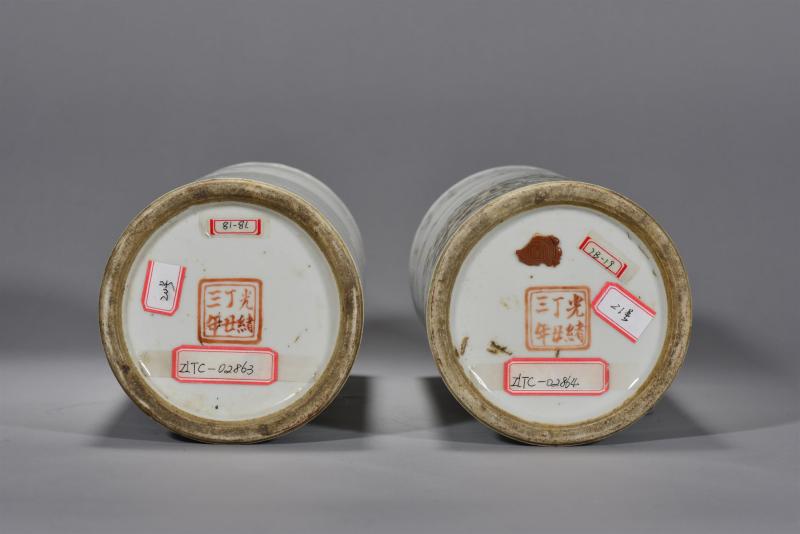 清光绪 晓云氏浅绛岁寒三友图帽筒一对 - 图5