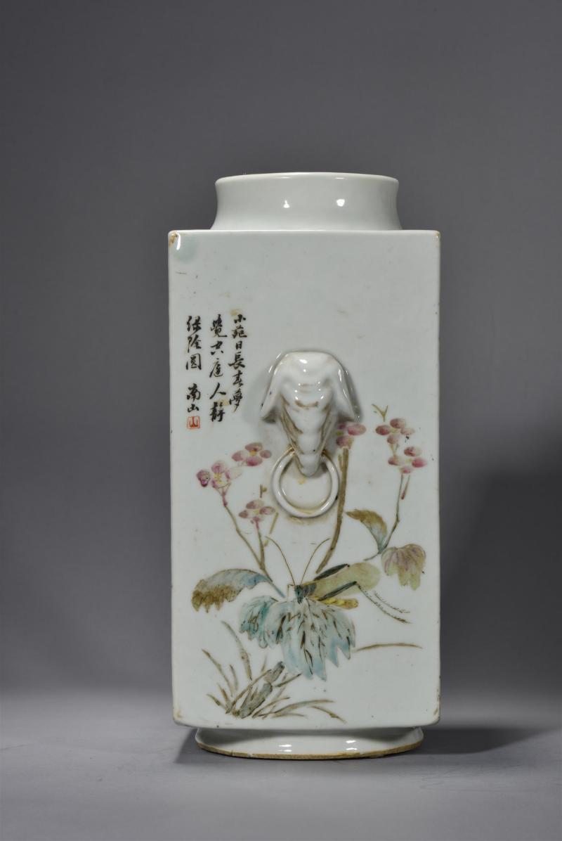 清光绪 程南山浅绛彩山水花鸟琮式瓶 - 图9