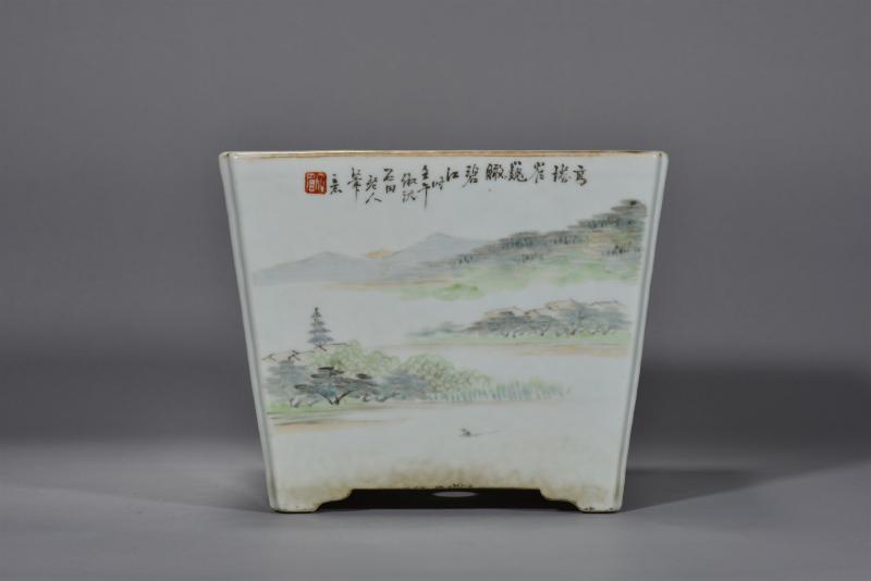 清光绪 汪藩浅绛彩山水花鸟四方花盆 - 图8