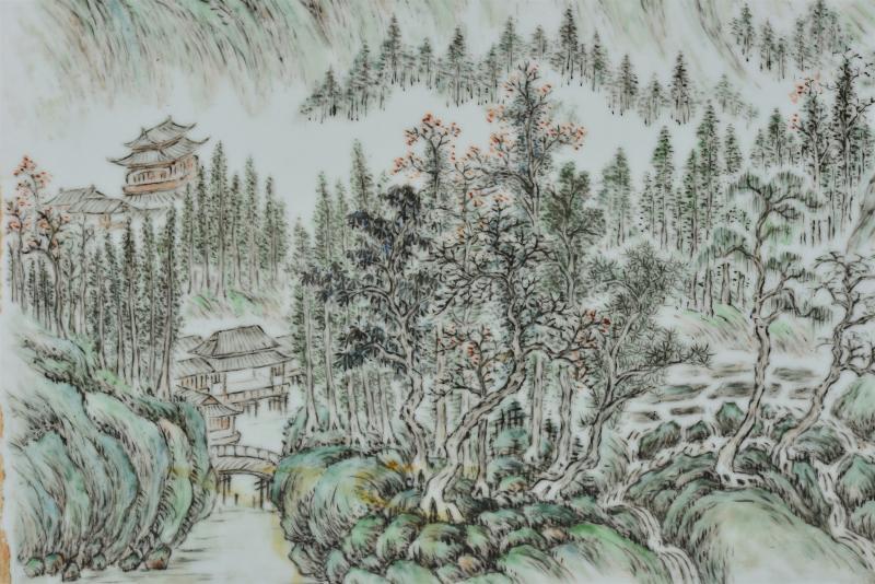 民国 陈松粉彩「江天帆影」瓷板 - 图7