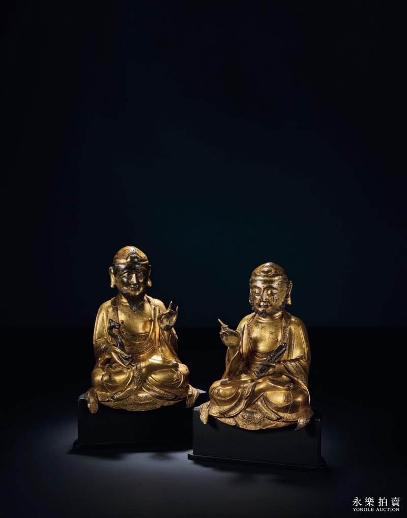 元末明初 铜鎏金男相文殊普贤菩萨坐像（一组两尊）