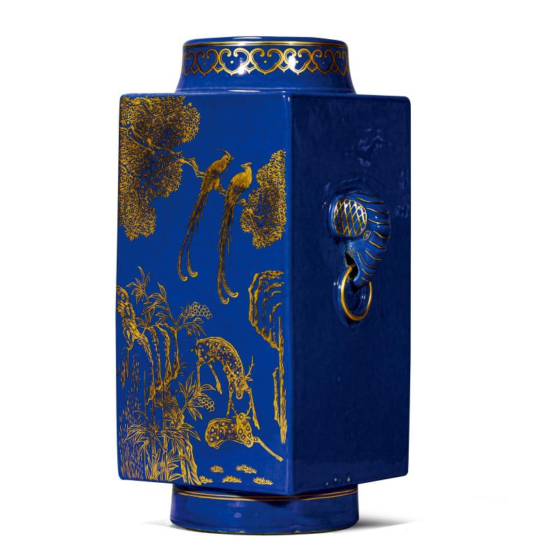 清光绪 祭蓝描金受天百禄图象耳琮式瓶