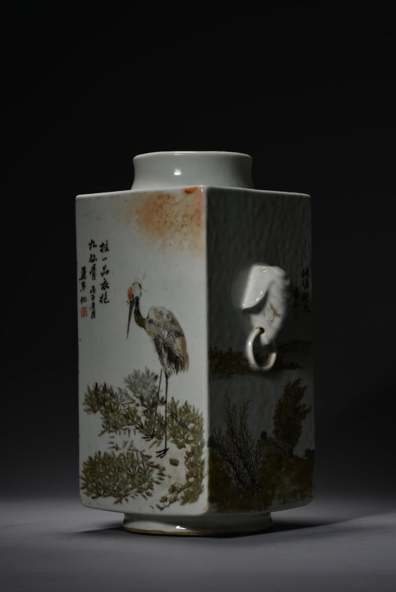 清光绪 程南山浅绛彩山水花鸟琮式瓶 - 图10