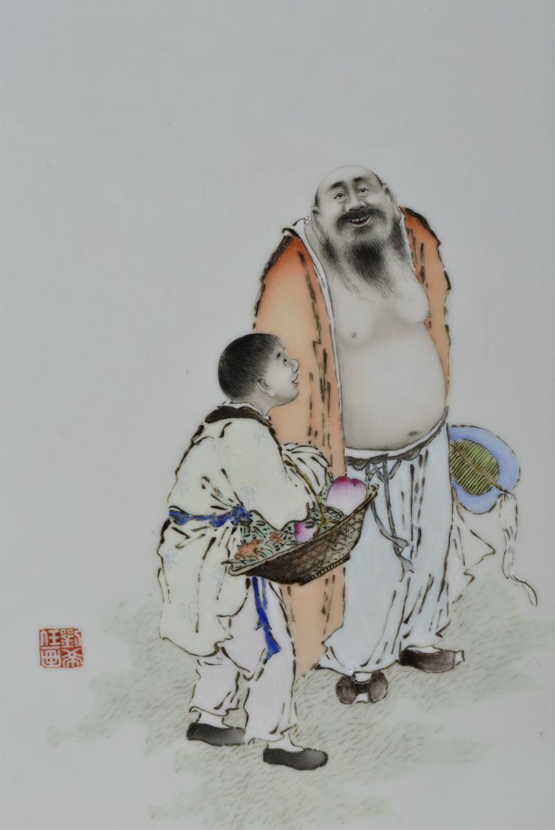 民国 刘希任粉彩献寿图瓷板 - 图3