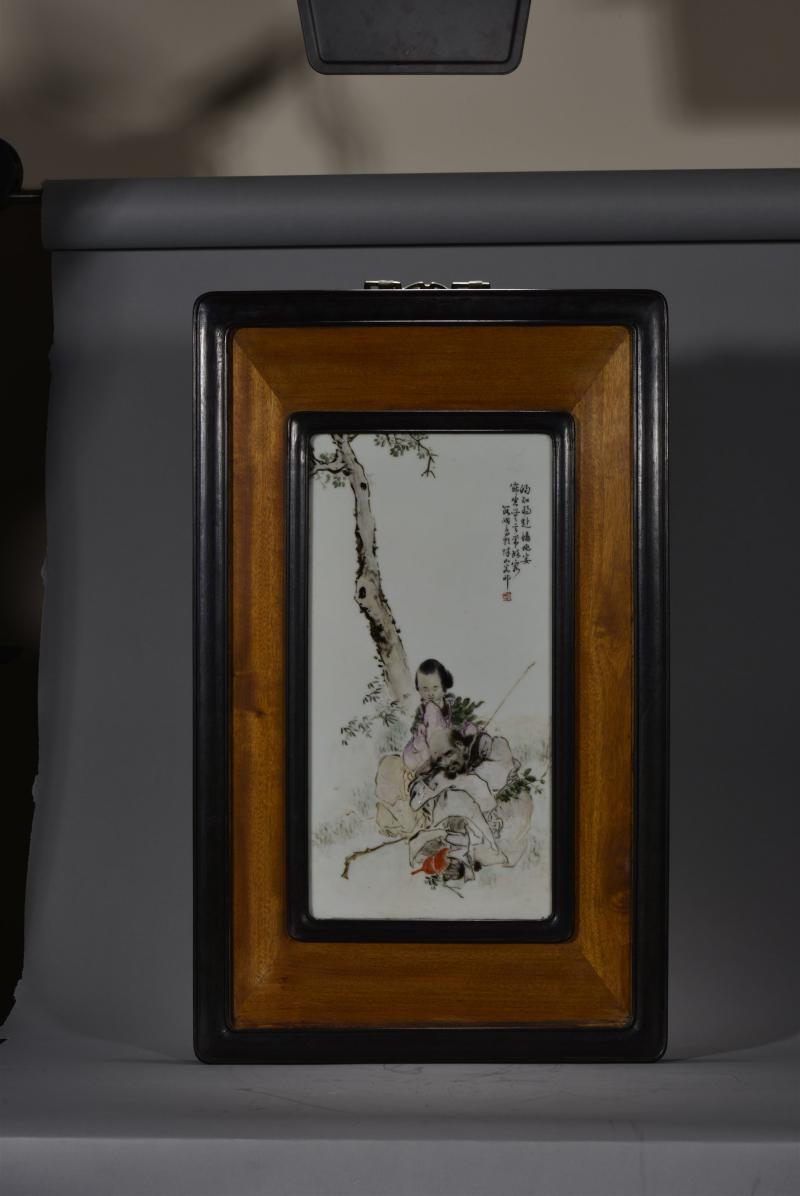 民国 段子安粉彩二仙图人物瓷板 - 图2