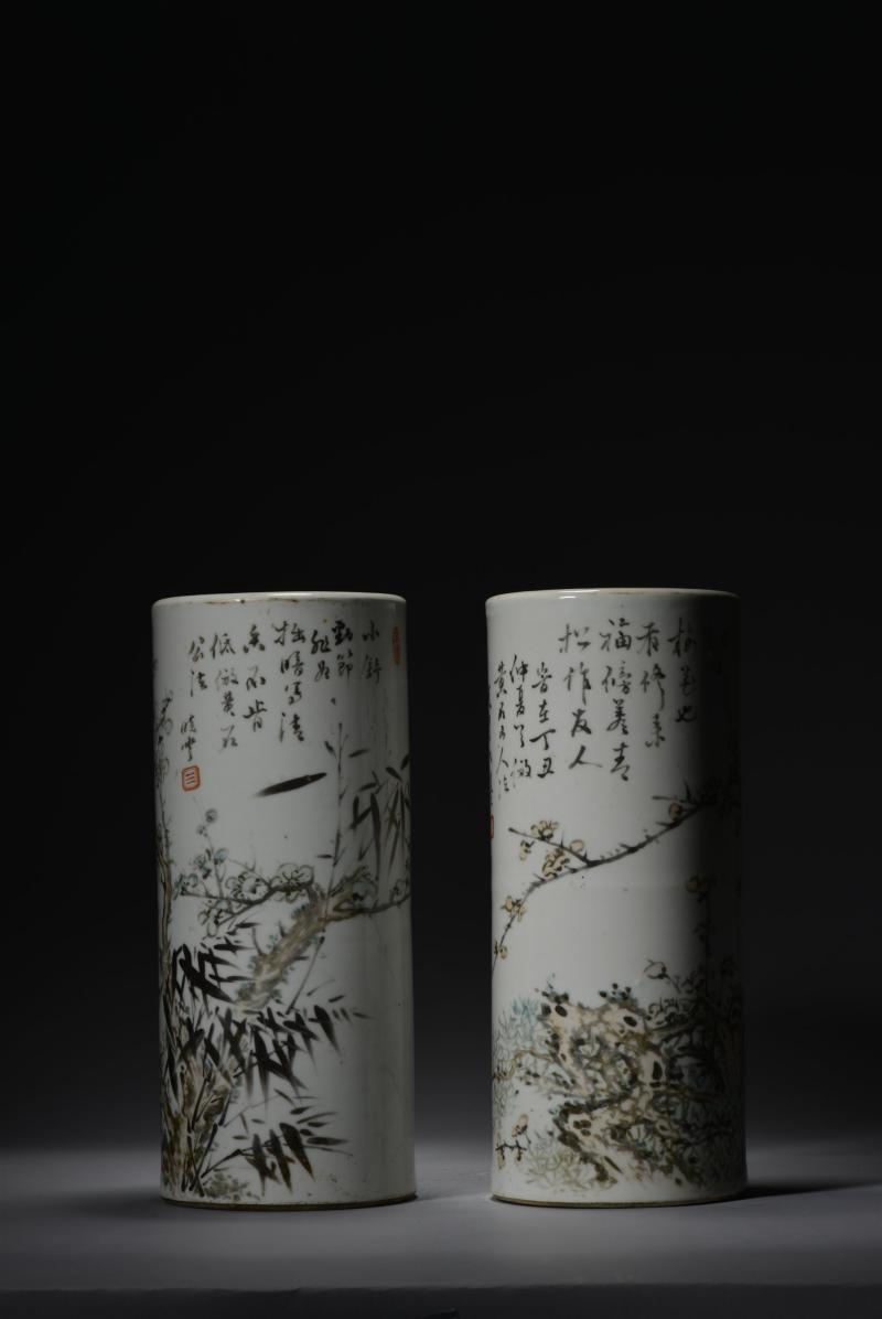 清光绪 晓云氏浅绛岁寒三友图帽筒一对 - 图7