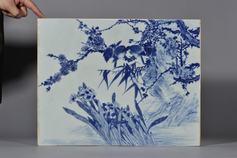 清光绪 金品卿风格青花花鸟瓷板插屏 - 图2
