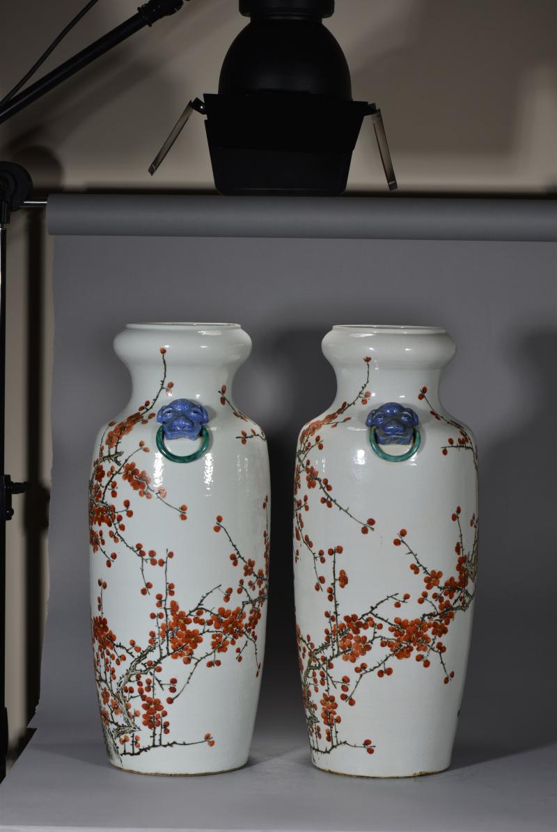 清光绪 金品卿风格浅绛彩梅花图大瓶一对 - 图5