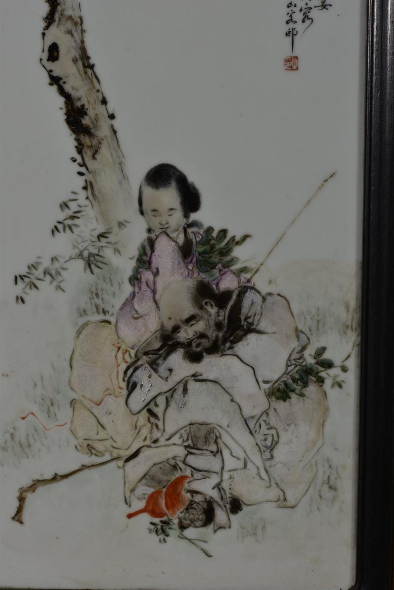 民国 段子安粉彩二仙图人物瓷板 - 图5