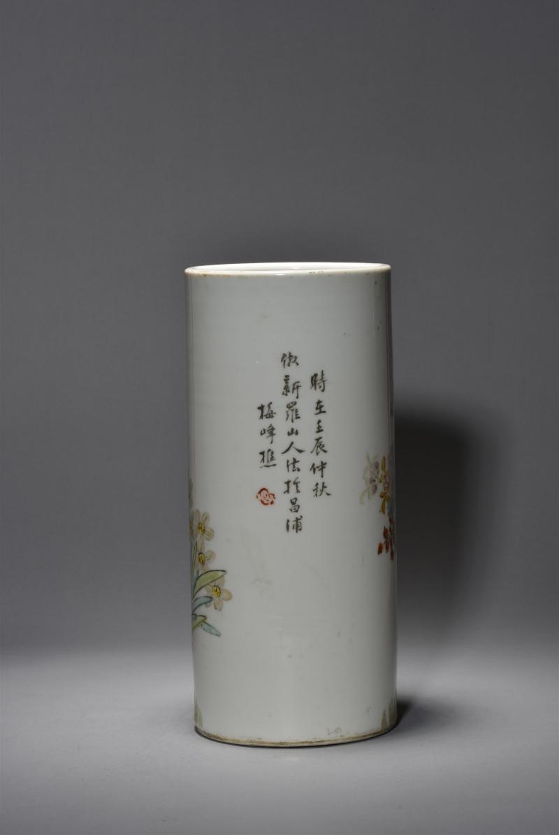 清光绪 梅峰樵浅绛彩花鸟帽筒 - 图4