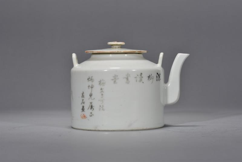 清同治 程友石墨彩山水僧帽壶 - 图4