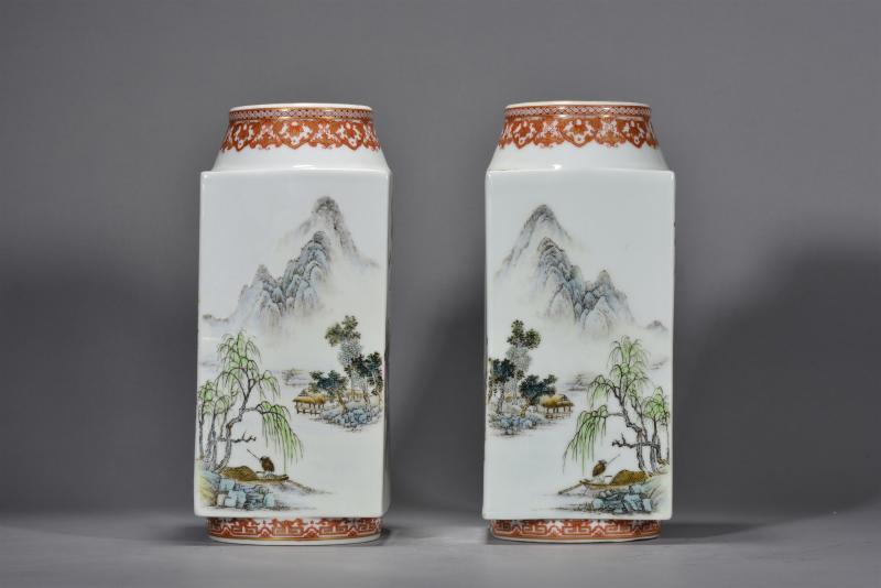 近现代 粉彩山水花鸟琮式瓶一对 - 图7
