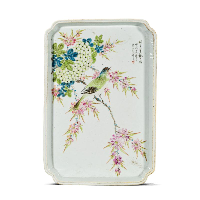 清光绪 汪友棠浅绛彩花鸟茶盘