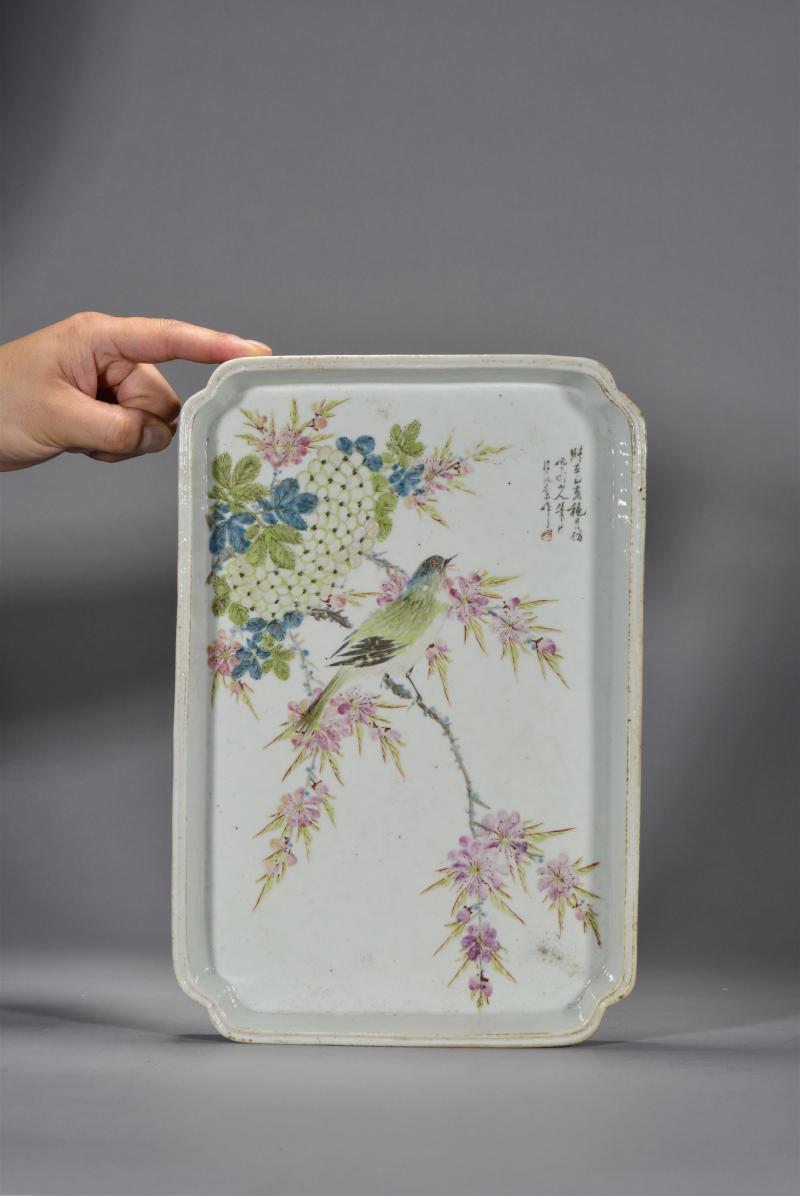 清光绪 汪友棠浅绛彩花鸟茶盘 - 图2