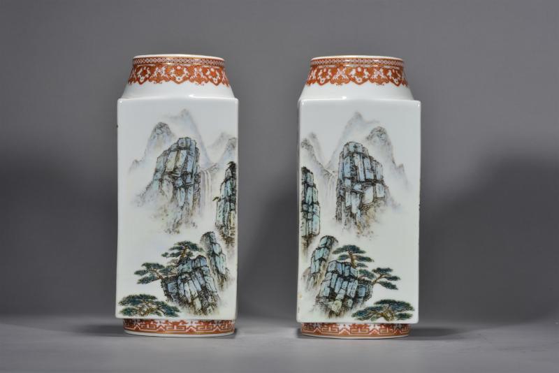 近现代 粉彩山水花鸟琮式瓶一对 - 图9