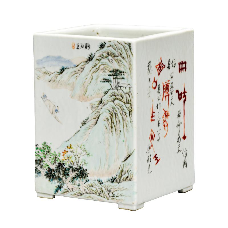 清光绪 万子铭山水花鸟方笔筒