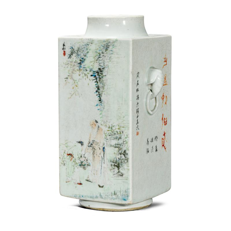 清光绪 周友松浅绛彩山水人物琮式瓶