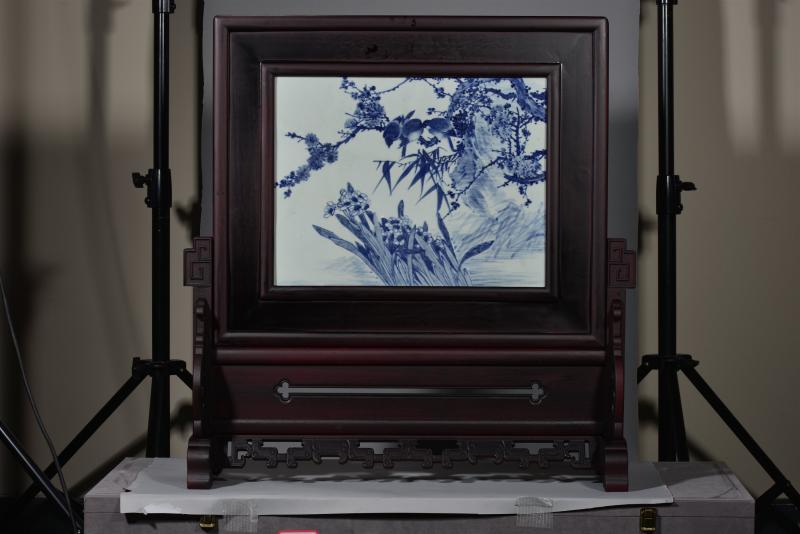 清光绪 金品卿风格青花花鸟瓷板插屏 - 图8