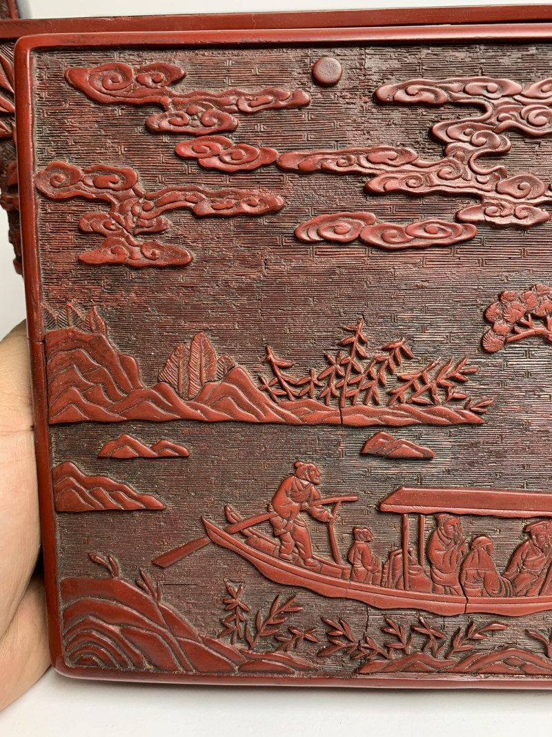 明 剔红夜游赤壁图双层文房提盒 - 图14