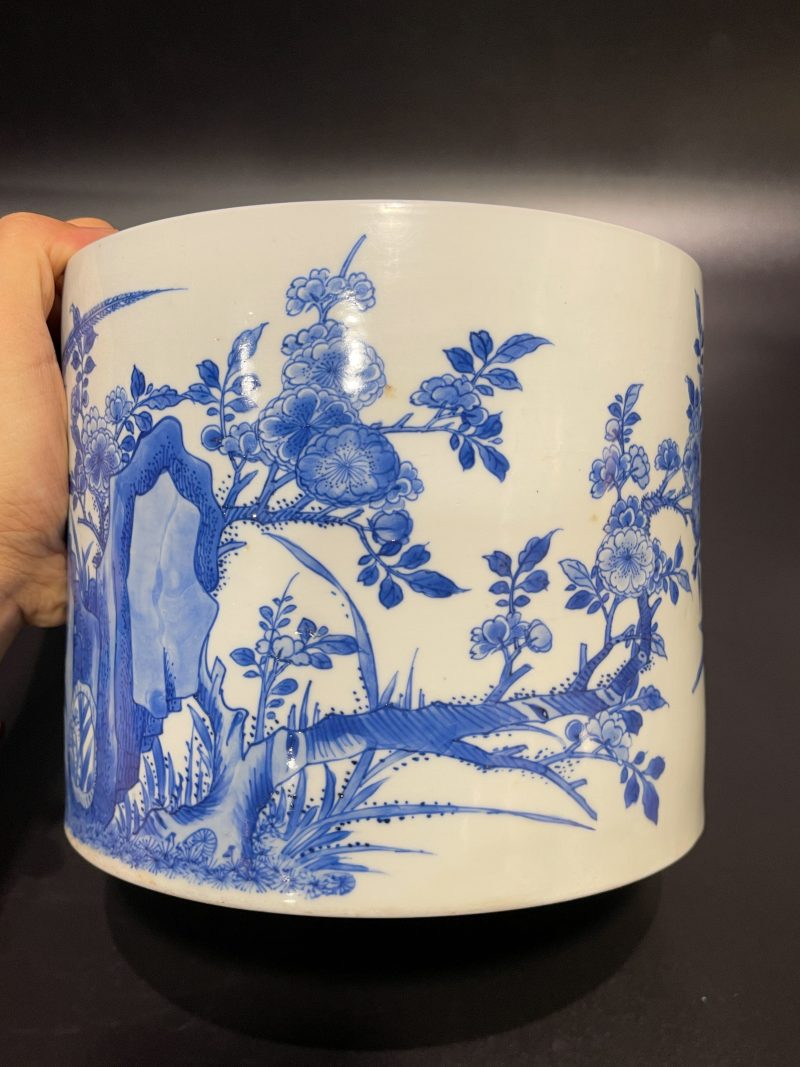 清康熙 青花雉鸡牡丹纹笔筒 - 图5