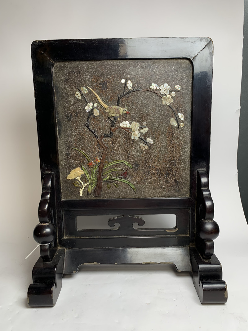 清 黑漆洒螺钿百宝嵌花鸟纹插屏 - 图3
