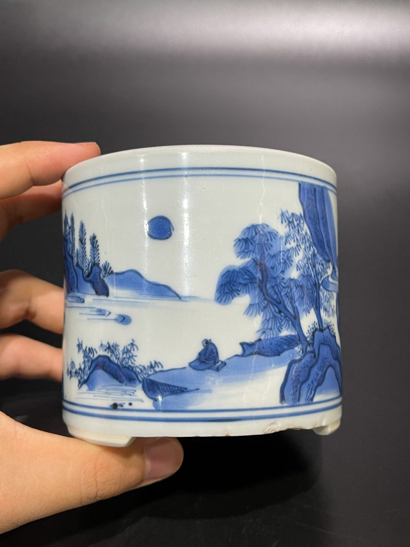 明崇祯 青花山水人物纹琴炉 - 图7