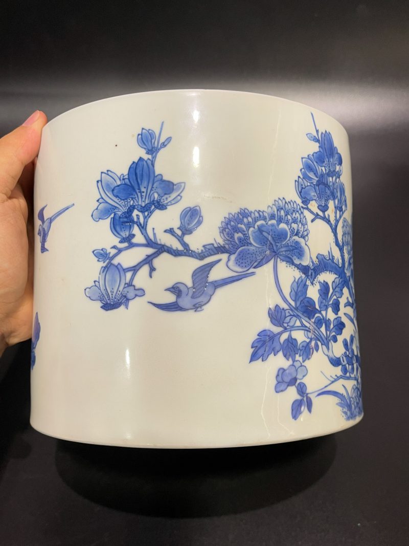 清康熙 青花雉鸡牡丹纹笔筒 - 图8